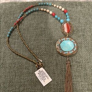 Turquoise and Red Beaded Necklace with Gold Accents